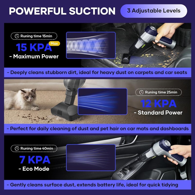SakerPlus Mini Vacuum Cleaner, 3 in 1 Car Vacuum Cleaner High Power, 15000PA Powerful Suction, Air Duster, 7500mAh, Dual Filter,Adjustable Small Vaccum Portable Cordless for Cars,Desktop - Deep Blue - Image 3